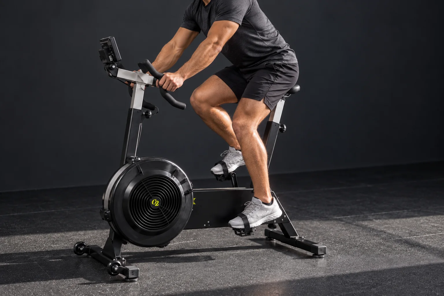 Power: an athlete sprints on an air bike
