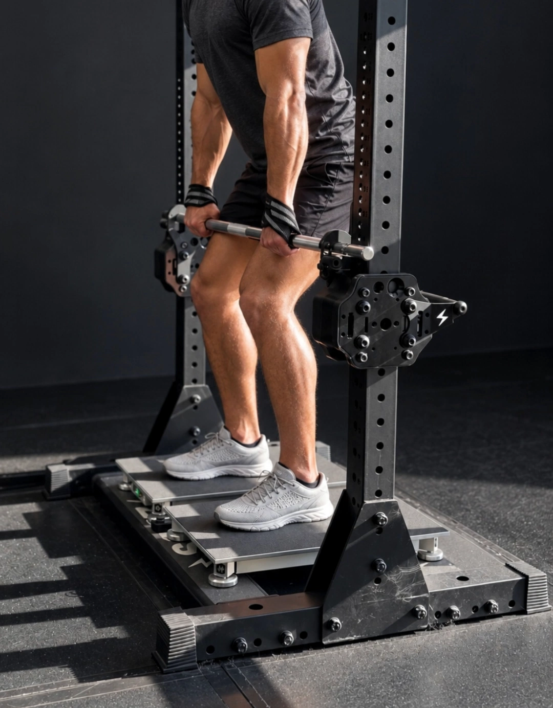 An athlete pulls on a fixed bar while standing on force plates