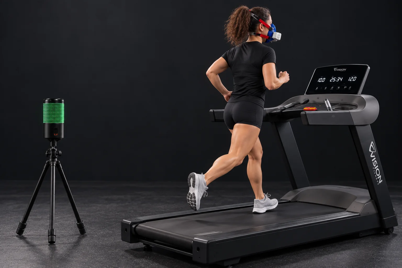 An athlete runs on a treadmill wearing a breath-by-breath gas analysis mask
